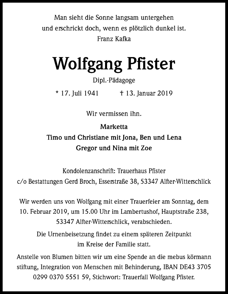  Traueranzeige für Wolfgang Pfister vom 26.01.2019 aus Kölner Stadt-Anzeiger / Kölnische Rundschau / Express
