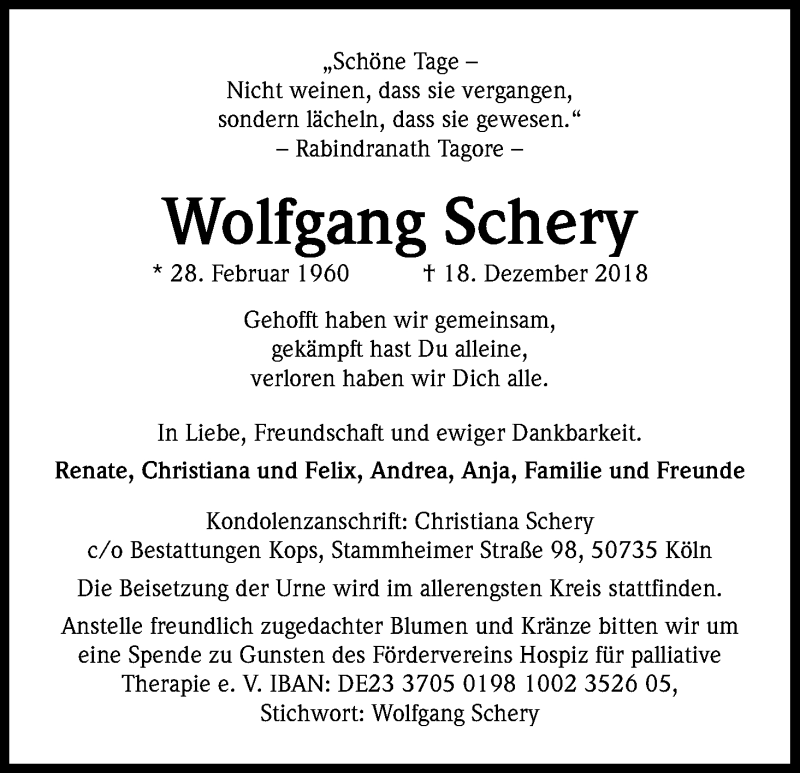  Traueranzeige für Wolfgang Schery vom 12.01.2019 aus Kölner Stadt-Anzeiger / Kölnische Rundschau / Express