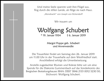 Anzeige von Wolfgang Schubert von Kölner Stadt-Anzeiger / Kölnische Rundschau / Express