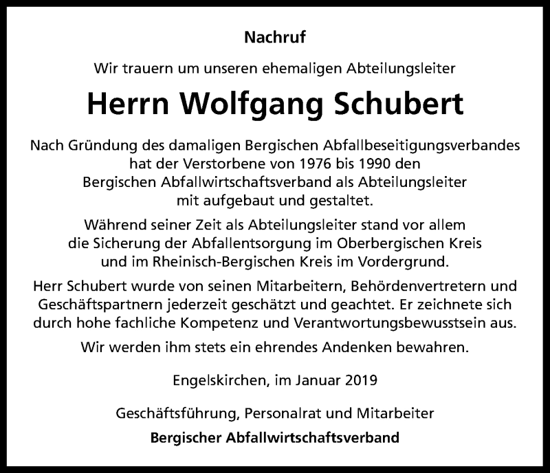  Traueranzeige für Wolfgang Schubert vom 23.01.2019 aus Kölner Stadt-Anzeiger / Kölnische Rundschau / Express