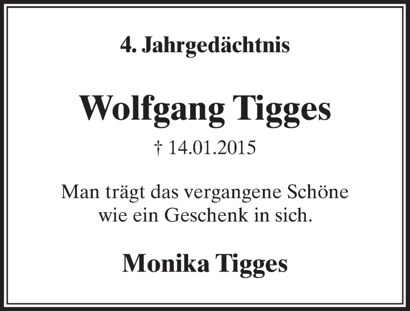  Traueranzeige für Wolfgang Tigges vom 12.01.2019 aus  Sonntags-Post 