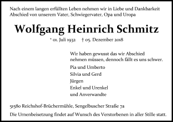 Anzeige von Wolfgang Heinrich Schmitz von Kölner Stadt-Anzeiger / Kölnische Rundschau / Express