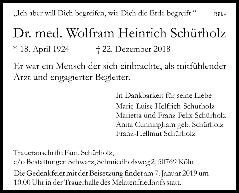  Traueranzeige für Wolfram Heinrich Schürholz vom 05.01.2019 aus Kölner Stadt-Anzeiger / Kölnische Rundschau / Express