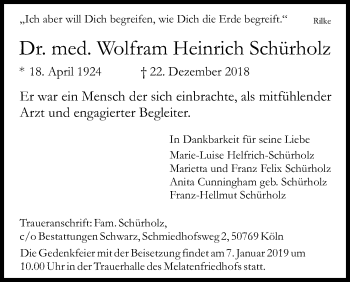 Anzeige von Wolfram Heinrich Schürholz von Kölner Stadt-Anzeiger / Kölnische Rundschau / Express
