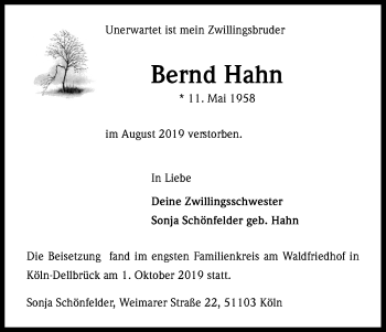 Anzeige von Bernd Hahn von Kölner Stadt-Anzeiger / Kölnische Rundschau / Express