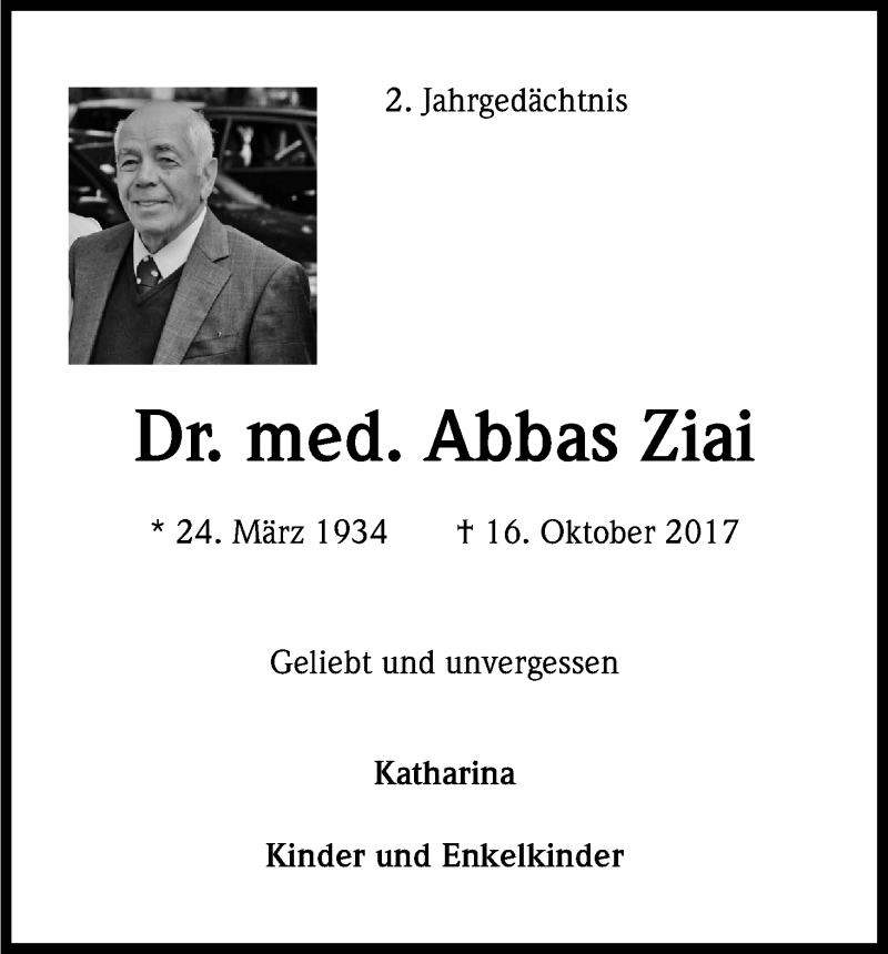  Traueranzeige für Abbas Ziai vom 19.10.2019 aus Kölner Stadt-Anzeiger / Kölnische Rundschau / Express