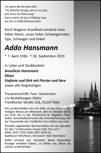 Anzeige von Addo Hansmann von  Kölner Wochenspiegel 