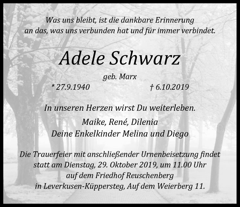  Traueranzeige für Adele Schwarz vom 19.10.2019 aus Kölner Stadt-Anzeiger / Kölnische Rundschau / Express