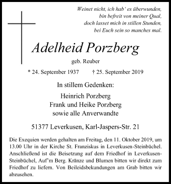 Anzeige von Adelheid Porzberg von Kölner Stadt-Anzeiger / Kölnische Rundschau / Express