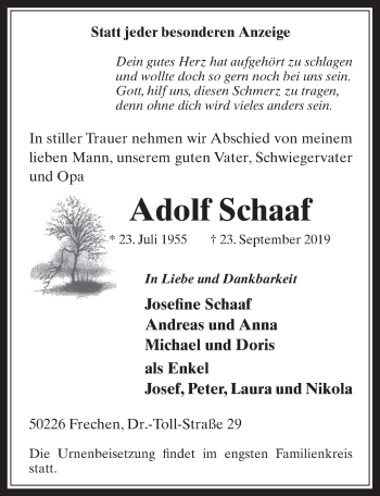 Anzeige von Adolf Schaaf von  Wochenende 