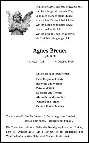 Anzeige von Agnes Breuer von Kölner Stadt-Anzeiger / Kölnische Rundschau / Express