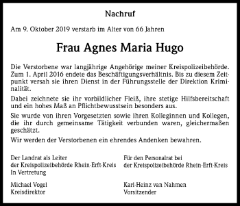Anzeige von Agnes Maria Hugo von Kölner Stadt-Anzeiger / Kölnische Rundschau / Express