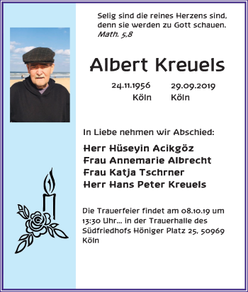 Anzeige von Albert Kreuels von Kölner Stadt-Anzeiger / Kölnische Rundschau / Express