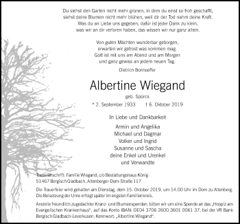 Anzeige von Albertine Wiegand von  Bergisches Handelsblatt 