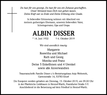 Anzeige von Albin Disser von Kölner Stadt-Anzeiger / Kölnische Rundschau / Express