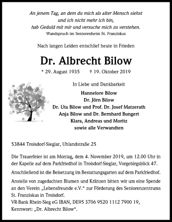 Anzeige von Albrecht Bilow von Kölner Stadt-Anzeiger / Kölnische Rundschau / Express