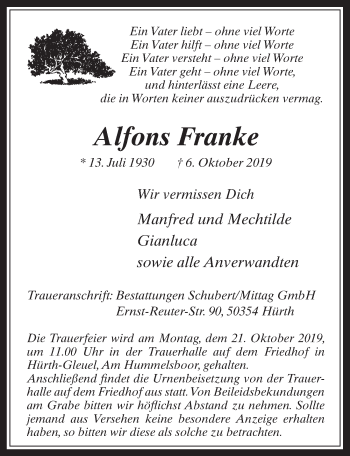 Anzeige von Alfons Franke von  Wochenende 