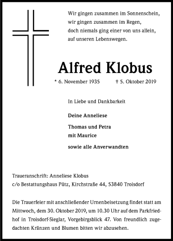 Anzeige von Alfred Klobus von Kölner Stadt-Anzeiger / Kölnische Rundschau / Express