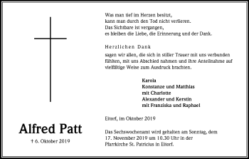 Anzeige von Alfred Patt von Kölner Stadt-Anzeiger / Kölnische Rundschau / Express