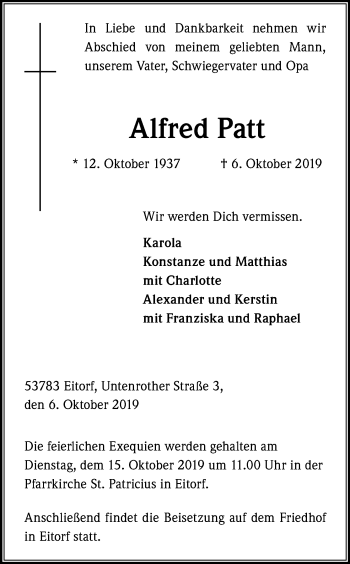 Anzeige von Alfred Patt von Kölner Stadt-Anzeiger / Kölnische Rundschau / Express