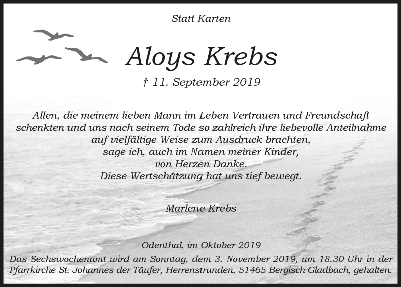  Traueranzeige für Aloys Krebs vom 23.10.2019 aus  Bergisches Handelsblatt 