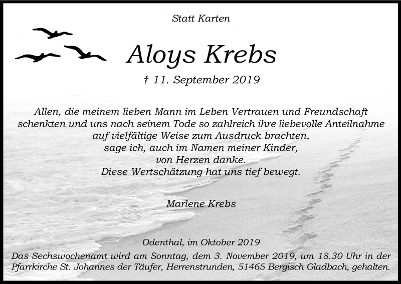  Traueranzeige für Aloys Krebs vom 19.10.2019 aus Kölner Stadt-Anzeiger / Kölnische Rundschau / Express