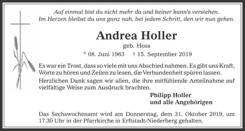  Traueranzeige für Andrea Holler vom 23.10.2019 aus  Werbepost 