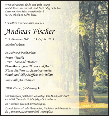 Anzeige von Andreas Fischer von Kölner Stadt-Anzeiger / Kölnische Rundschau / Express