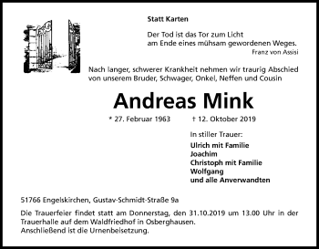 Anzeige von Andreas Mink von Kölner Stadt-Anzeiger / Kölnische Rundschau / Express