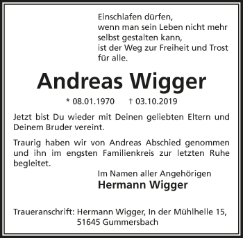 Anzeige von Andreas Wigger von  Anzeigen Echo 