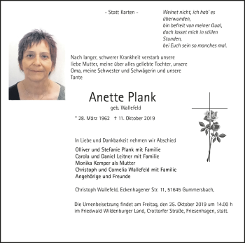 Anzeige von Anette Plank von  Anzeigen Echo 