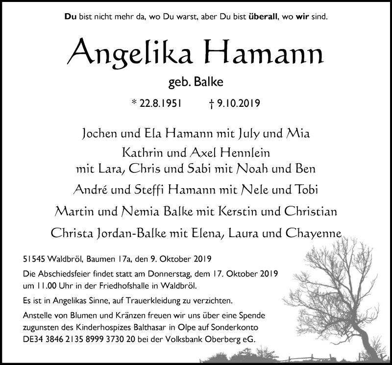  Traueranzeige für Angelika Hamann vom 16.10.2019 aus  Lokalanzeiger 