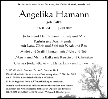 Anzeige von Angelika Hamann von Kölner Stadt-Anzeiger / Kölnische Rundschau / Express