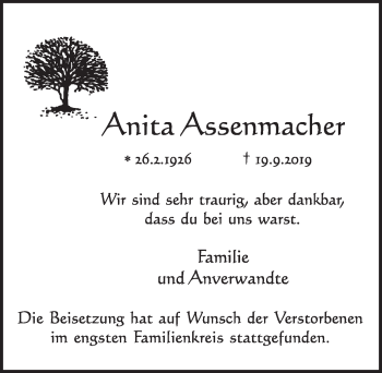 Anzeige von Anita Assenmacher von  Schlossbote/Werbekurier 