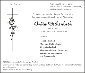 Anzeige von Anita Beckenbach von  Anzeigen Echo 