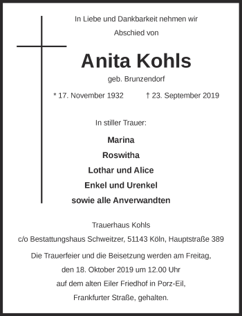 Anzeige von Anita Kohls von  Kölner Wochenspiegel 