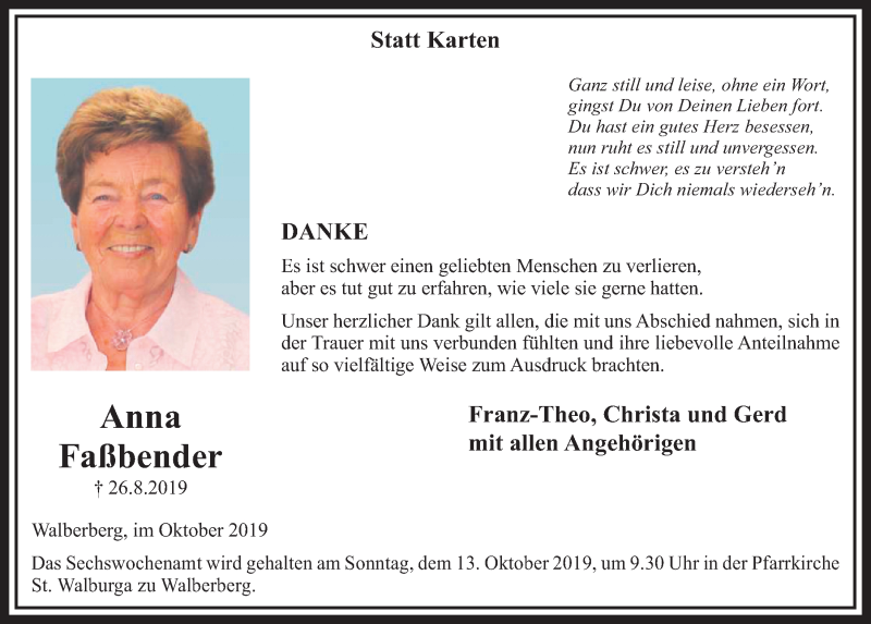  Traueranzeige für Anna Faßbender vom 02.10.2019 aus  Schlossbote/Werbekurier 