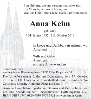 Anzeige von Anna Keim von  Kölner Wochenspiegel 