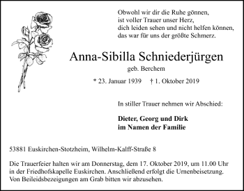 Anzeige von Anna-Sibilla Schniederjürgen von  Blickpunkt Euskirchen 