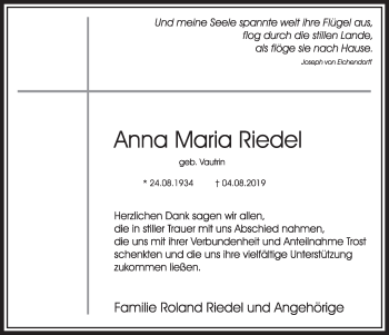 Anzeige von Anna Maria Riedel von  Sonntags-Post 