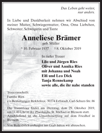 Anzeige von Anneliese Brämer von  Werbepost 