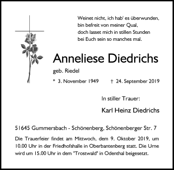 Anzeige von Anneliese Diedrichs von  Anzeigen Echo 