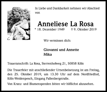 Anzeige von Anneliese La Rosa von Kölner Stadt-Anzeiger / Kölnische Rundschau / Express
