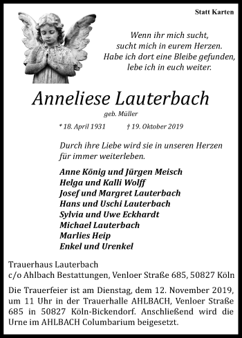 Anzeige von Anneliese Lauterbach von Kölner Stadt-Anzeiger / Kölnische Rundschau / Express
