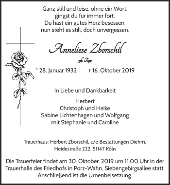 Anzeige von Anneliese Zborschil von  Kölner Wochenspiegel 