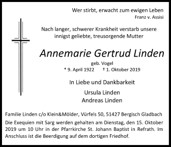 Anzeige von Annemarie Gertrud Linden von Kölner Stadt-Anzeiger / Kölnische Rundschau / Express