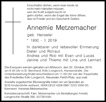 Anzeige von Annemie Metzemacher von Kölner Stadt-Anzeiger / Kölnische Rundschau / Express