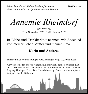 Anzeige von Annemie Rheindorf von Kölner Stadt-Anzeiger / Kölnische Rundschau / Express