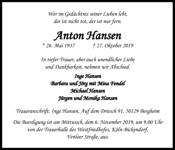 Anzeige von Anton Hansen von Kölner Stadt-Anzeiger / Kölnische Rundschau / Express