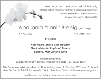 Anzeige von Apollonia Brenig von  Schlossbote/Werbekurier 